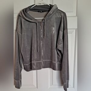 DKNY Women's Velour With Rhinestones Logo Zip Up Hoodie Gray Size X-Large